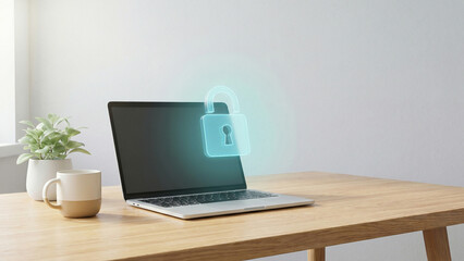 Fototapeta premium Glowing Teal Hologram Padlock Floating Above Laptop Signals Security and Trust at Home Office Perfect for Cybersecurity Advertising Remote Work Brochure and IT Safety Presentation