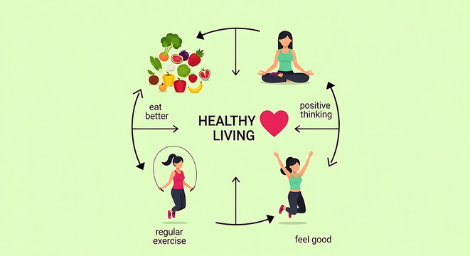 Healthy living cycle diagram showing fitness and wellness activities