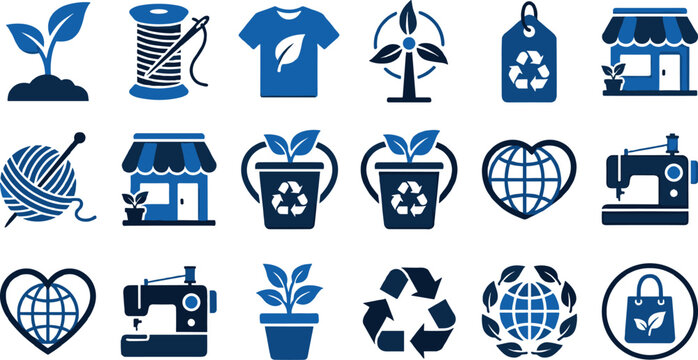 Ecological fashion icon set featuring sustainable textiles recycling plant based fabrics and green energy.