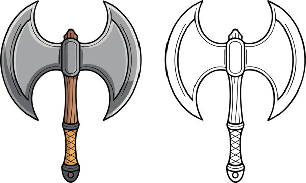 Double headed axe illustration & outline set isolated on transparent background 