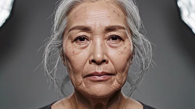Young woman ageing timelapse transformation into old senior woman concept. Close up of elderly Asian woman with closed eyes showing natural wrinkles and aging skin in soft lighting