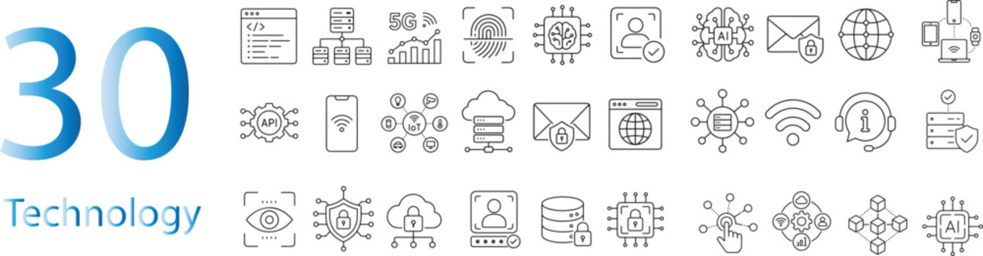 Information Technology and Digital Network Line Icons Set Featuring 5G Connectivity Cloud Computing Database Storage Cybersecurity Microchips and Artificial Intelligence Systems