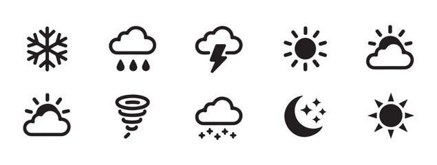 Obraz premium Set of ten diverse weather condition icons including storm sun and snow on transparent background.