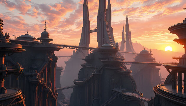 Futuristic sci fi city with high towers and bridge connections at golden sunset