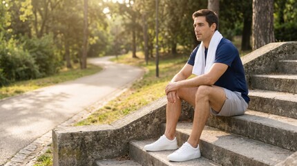 Obraz premium Urban lifestyle runner sitting on steps and breathing calmly after training