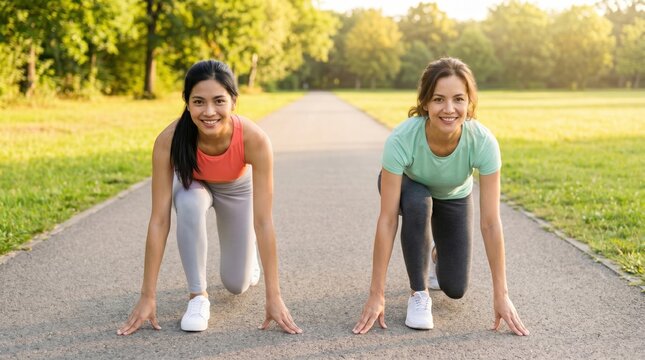 Morning Jogging Group Day - Two runners preparing final sprint start