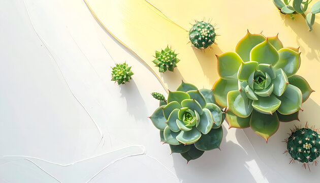 Top-down view of assorted green succulents and cacti on a bright white and yellow flowing background