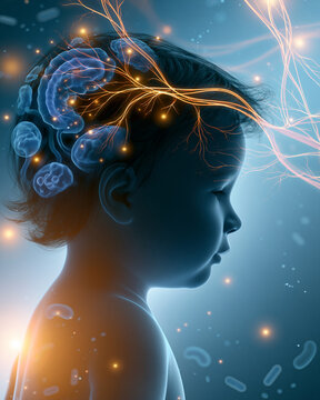 Infant microbiome and brain development connection concept with baby silhouette gut icons and glowing neural pathways for pediatric wellness science