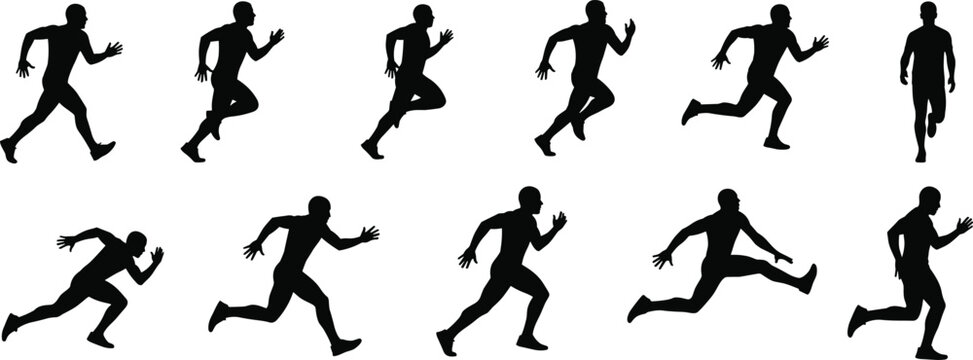 Silhouette illustration of person running sequence showing multiple motion stages, fitness exercise concept, human stride progression, sports training vector artwork