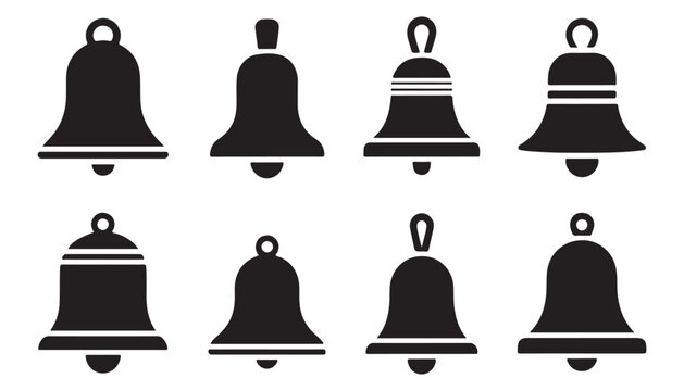 Set of black bell silhouettes in various styles on transparent background for notification design.