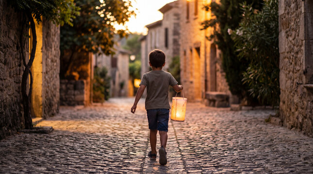 Young boy walking through historic stone village alley at sunset while carrying glowing lantern warm evening travel scene childhood exploration rustic streets quiet vacation atmosphere