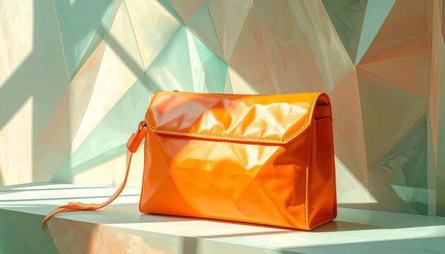 Vibrant orange patent leather clutch bag with geometric abstract background and dramatic lighting
