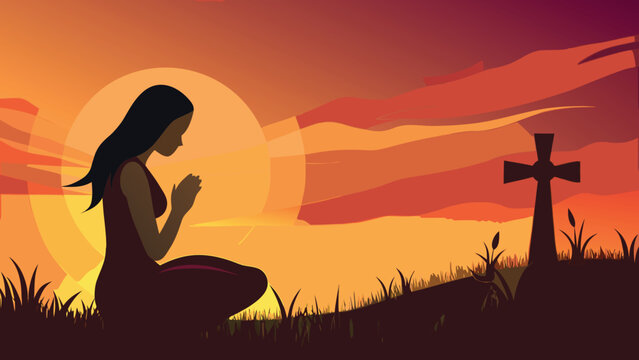 Silhouette of a woman praying at sunset with a cross in a grassy field representing faith and hope