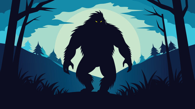 Silhouette of a mythical Bigfoot creature walking in a dark forest with a large moon behind it representing mystery and folklore