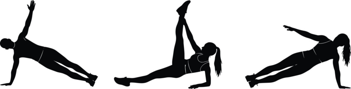 Silhouettes of athletes performing plank exercise variations showcasing core strength, stability, and fitness training for commercial design use