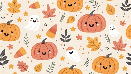 Obraz premium Halloween themed pumpkins ghosts leaves and candy illustration pattern design