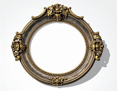 Luxurious Ornate Oval Antique Gold Frame, Vintage Baroque Rococo Style Carved Metallic Border Isolated on White. Elegant Empty Decorative Element for Text, Photo, Art, or Commercial Layout
