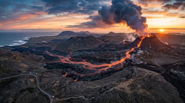 Volcanic eruption landscape with lava flowing into the ocean at sunset