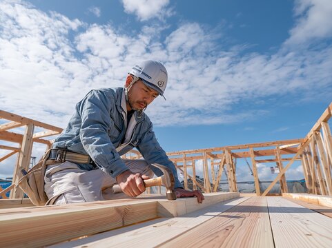 青空が広がる建設現場で熟練の日本の大工が木材を加工し新築住宅の骨組みを丁寧に組む作業風景