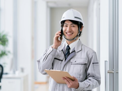 ヘルメットをかぶった男性作業員が笑顔でスマホ通話するビジネスシーン