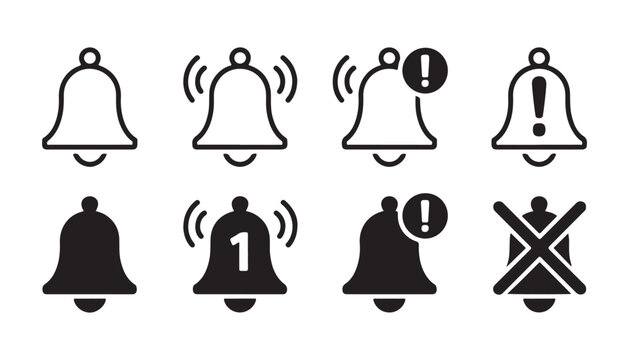 Bell outline and filled icons for alerts and messages signal alerts attention symbols.