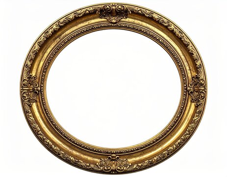 Luxurious Ornate Golden Oval Frame Isolated on White Background. Elegant Vintage Gilded Baroque Style Decorative Border Element, Perfect for Art, Photography, Design Projects, and Copy Space.