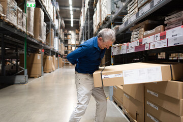 Fototapeta premium Man in warehouse lifting a large box from a shelf, surrounded by packages.