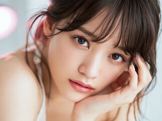 Fototapeta premium 透明感あふれる美しい日本人女性の優しい視線が魅力的なアップのポートレート