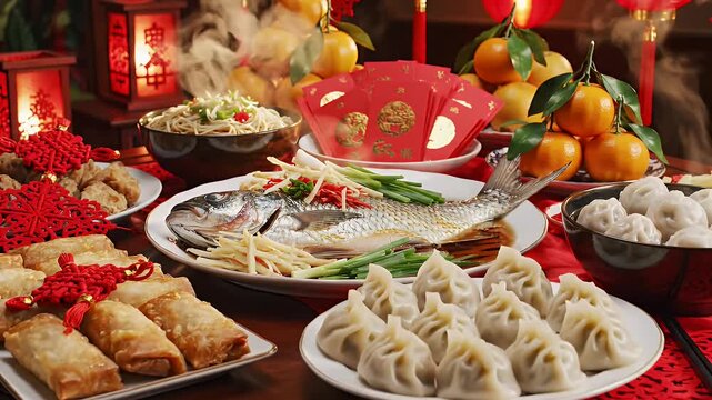 Abundant Asian Festive Food Display - A variety of traditional Asian dishes including fish, dumplings, noodles, spring rolls and tangerines are arranged on a dark wooden table, accented by red