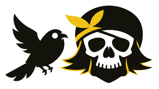 Black bird flies near skull with pirate bandana and eye patch during daylight concept