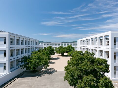 晴れた青空の下に広がる白い校舎群と緑豊かな広々とした学校のグラウンド風景