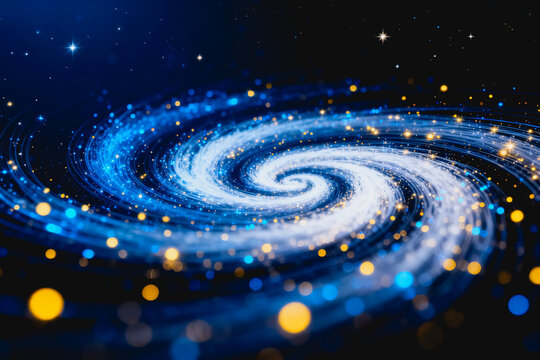 A stylized illustration of a spiral galaxy, with glowing star clusters and nebular matter set in dark deep space.