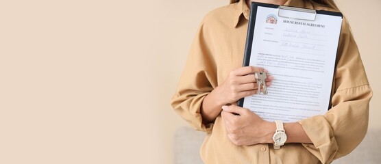 House rental agreement document with keys, real estate lease contract, property management, and...