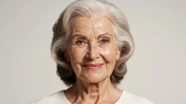 Portrait of a happy elderly woman with gray hair smiling against a plain background