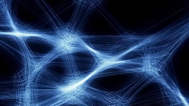 Dynamic blue light patterns forming interconnected web structures across black background