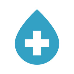 Fototapeta premium Blue water droplet with dark medical cross healthcare hydration icon for clean water aid emergency supply purity wellness clinic sanitation relief service concept clean vector artwork
