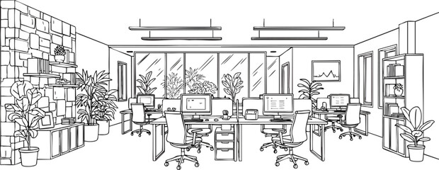 Obraz premium Modern minimalist office space with large floor-to-ceiling windows showcasing urban skyline views, concept for corporate design, workspace inspiration, and professional business environments