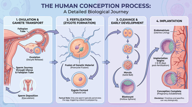 Human conception process infographic with ovulation sperm transport fertilization cleavage blastocyst implantation stages for reproductive biology education poster clean vector artwork