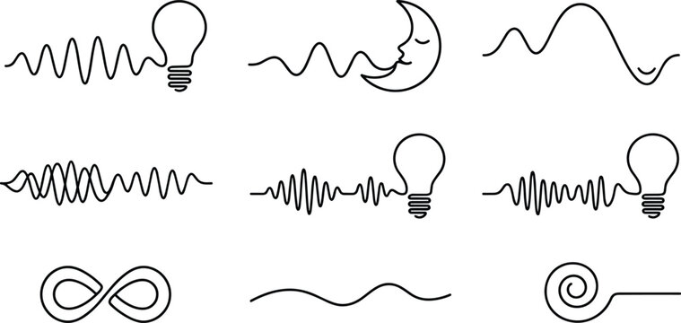 Brainwave Patterns and Sound Frequency Line Art Icon Set with Lightbulb Crescent Moon Infinity and Spiral Concepts Vector Illustration