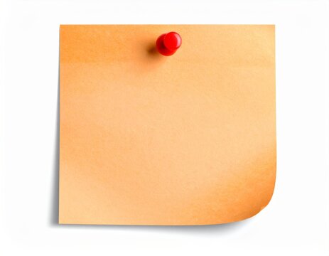 Empty orange adhesive memo pad with a shiny red pushpin, ready for your custom message or reminder, isolated on a clean white background for business, education, and organization.