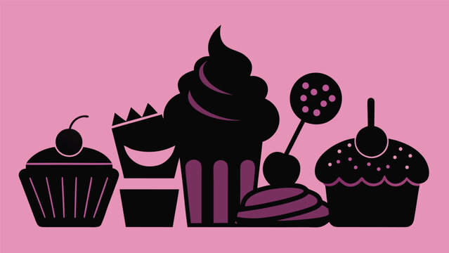 Assorted sweet treats with cherry topping in silhouette against a pink background