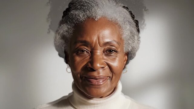 Confident African American woman with natural curly hair smiling in cozy light turtleneck sweater portrait