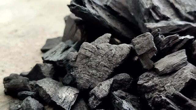 A collection of charcoal. Charcoal is a black, carbonaceous residue produced by burning wood without oxygen (pyrolysis). This material is widely used as a cooking fuel