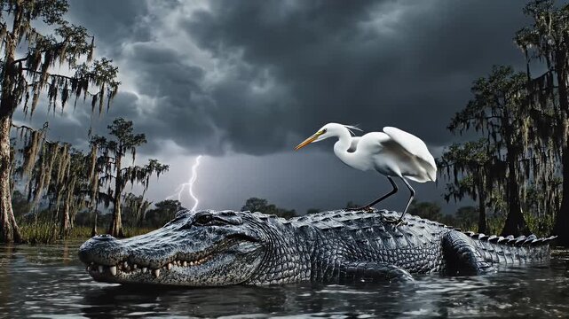 White Bird on Alligator against Stormy Skies - A white bird perches on the back of an alligator in a swamp, set against a dramatic and stormy sky.