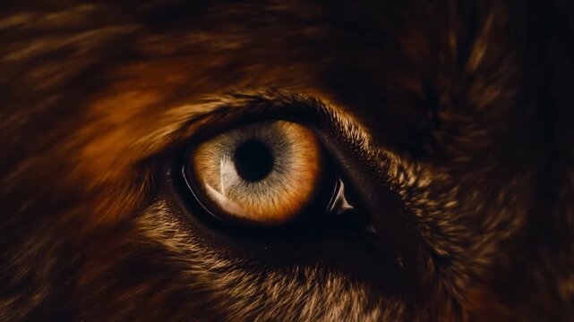Slow tracking close up of wolf eye shifting gaze across textured fur in dark woodland night setting with subtle zoom and amber iris reflection