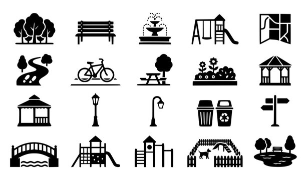 Public park vector icon collection gray flat outdoor symbols