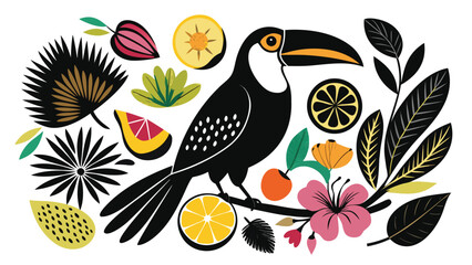 Obraz premium Toucan perched amidst exotic flora and citrus slices with vibrant tropical foliage and abstract organic shapes