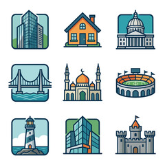 Fototapeta premium Collection of diverse architectural building icons representing different structures.