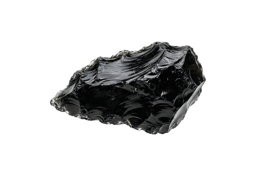 Black obsidian volcanic glass rock, raw natural obsidian stone with sharp conchoidal fracture, dark igneous mineral specimen for geology and healing isolated on Transparent Background