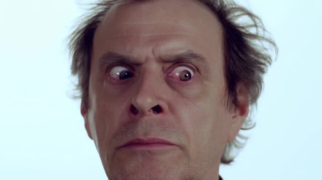 Intense expression progression: man's eyes widen in realization against white background